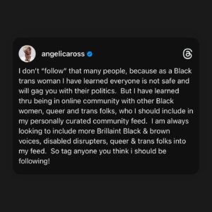 Angelica Ross Instagram - I don’t “follow” that many people, because as a Black trans woman I have learned everyone is not safe and will gag you with their politics.  But I have learned thru being in online community with other Black women, queer and trans folks, who I should include in my personally curated community feed.  I am always looking to include more Brillaint Black & brown voices, disabled disrupters, Neurospicy folks on the spectrum, queer & trans folks into my feed.  So tag anyone you think i should be following!