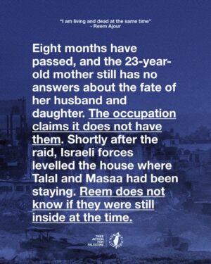 Armeena Khan Instagram - 🚨 ISRAEL SHOOTS PREGNANT WOMAN AND HER 4 YEAR OLD DAUGHTER 🚨

Reem Ajour, a mother from Gaza, has been separated from her husband, Talal, and their four-year-old daughter, Masaa, since March 2024. The family had sought refuge in a relative’s home in Gaza City after being displaced during the ongoing genoc/de.

On March 24, Israeli forces raided the house, opening fire as they stormed in. Reem, who was three months pregnant, was shot in the stomach. Talal suffered a severe leg injury and was bleeding heavily. Masaa, just four years old, was shot by Israeli forces in the shoulder, passing out but still breathing, as Reem recounted.

An Israeli soldier pointed a gun at Reem and ordered her to head south. Reem said she begged to stay with her family, but the soldier shouted, “Go south!” With no choice, she grabbed her younger son and left, still bleeding.

“It was all in a blink of an eye,” she said. “It was all so fast.” Bleeding and in pain, she walked for over two hours, carrying her son, until she reached a hospital in central Gaza. There, doctors treated her stomach wound and found her babys pulse. However, weeks later, the babys heartbeat stopped, and she suffered from a miscarriage.

Eight months have passed, and the 23-year-old mother still has no answers about the fate of her husband and daughter. The occupation claims it does not have them. Shortly after the raid, Israeli forces levelled the house where Talal and Masaa had been staying. Reem does not know if they were still inside at the time.

“I am living and dead at the same time,” she said.

👉 EMAIL YOUR ELECTED OFFICIAL NOW! USE THE FREE TEMPLATE IN @humantiproject’s bio or visit HumantiProject.org 👈

——

Sources: The Independent & The Associated Press