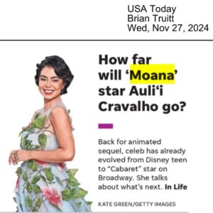 Auli'i Cravalho Instagram - A week has passed since #Moana2 premiered and WOW WOW WEE WOW the love we have received quite literally broke records!! 🤩🌀✨ Thank you, @disneyanimation for changing my life at fourteen years old, and THANK YOU TO ALL who read this for supporting a film rooted so deeply in Polynesian culture. It is the specificity of stories like these that resonate with all of us, anyone and everyone can feel the power of being represented so joyfully on screen. We see ourselves in characters like Moana - a woman who is brave, and strong, and kind… AND a princess. I am wholly grateful to have grown up with this master navigator at my side, mahalo nui loa for joining our voyage ❤️🥹