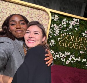 Ayo Edebiri Instagram - wore a suit, wore a grill, saw some pals, almost didn’t get on the red carpet so Ethan took pictures of me that are very very bad 🫶🏾 (go see Nickel Boys!!) - lots of love, feeling so so very grateful - golden globes ‘25!!! 🪶❣️