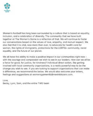 Becky Sauerbrunn Instagram - Here are some organizations we can support: @abortionfunds @reprorights @the_ilrc @migrantjusticevt @everytown @glaad @naacp