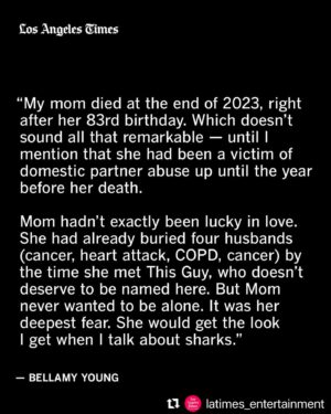 Bellamy Young Instagram - I'm sharing a piece I wrote about my mom's journey with domestic violence. It broke my heart over & over to write it (of course even more so to watch her live it), but if it helps even one person, then that's all that matters now. I'm sending each of you so very much love. Tonight & always. Let's try to take good care of each other. 💗❤️

***
“My mom died at the end of 2023, right after her 83rd birthday. Which doesn’t sound all that remarkable — until I mention that she had been a victim of domestic partner abuse up until the year before her death,” “Scandal”s’ Bellamy Young writes in a guest column for the L.A. Times.
“Mom hadn’t exactly been lucky in love. She had already buried four husbands (cancer, heart attack, COPD, cancer) by the time she met This Guy, who doesn’t deserve to be named here. But Mom never wanted to be alone. It was her deepest fear. She would get the look I get when I talk about sharks.
She powered through her lack of computer skills and met This Guy online about eight years ago. We would joke that she had to import him from Tennessee because there were no good men left in western North Carolina. It was a long-distance relationship at first: She would cook for him at the house I’d helped her buy outside of Asheville, and drive to Tennessee to go to church with him.
Eventually, he brought his two cats and moved into Mom’s house. I’d watched her go through this phase with a new man a few times, bless her heart, but there seemed to be far less joy now. ‘At least he’s smart,’ she kept saying, as if to excuse his excessive drinking or unnerving silence.
The life she made with This Guy got smaller and smaller. She dropped out of her book club and her service organization. They stopped going to church. They no longer made plans with friends. After experiencing the drinking and fighting firsthand — or just the tense silence — people stopped coming over. Mom closed the door to her own cage and chose This Guy. Over life, over fun, over safety.”
Read the full guest column at the link in @latimes_entertainment’s bio.
🖊️ @bellamyyoung 
📸 Najeebah Al-Ghadban/For The Times; Bellamy Young; Smallz & Raskind / Getty Images for The People’s Choice Awards