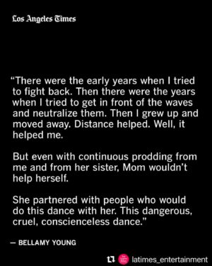 Bellamy Young Instagram - I'm sharing a piece I wrote about my mom's journey with domestic violence. It broke my heart over & over to write it (of course even more so to watch her live it), but if it helps even one person, then that's all that matters now. I'm sending each of you so very much love. Tonight & always. Let's try to take good care of each other. 💗❤️

***
“My mom died at the end of 2023, right after her 83rd birthday. Which doesn’t sound all that remarkable — until I mention that she had been a victim of domestic partner abuse up until the year before her death,” “Scandal”s’ Bellamy Young writes in a guest column for the L.A. Times.
“Mom hadn’t exactly been lucky in love. She had already buried four husbands (cancer, heart attack, COPD, cancer) by the time she met This Guy, who doesn’t deserve to be named here. But Mom never wanted to be alone. It was her deepest fear. She would get the look I get when I talk about sharks.
She powered through her lack of computer skills and met This Guy online about eight years ago. We would joke that she had to import him from Tennessee because there were no good men left in western North Carolina. It was a long-distance relationship at first: She would cook for him at the house I’d helped her buy outside of Asheville, and drive to Tennessee to go to church with him.
Eventually, he brought his two cats and moved into Mom’s house. I’d watched her go through this phase with a new man a few times, bless her heart, but there seemed to be far less joy now. ‘At least he’s smart,’ she kept saying, as if to excuse his excessive drinking or unnerving silence.
The life she made with This Guy got smaller and smaller. She dropped out of her book club and her service organization. They stopped going to church. They no longer made plans with friends. After experiencing the drinking and fighting firsthand — or just the tense silence — people stopped coming over. Mom closed the door to her own cage and chose This Guy. Over life, over fun, over safety.”
Read the full guest column at the link in @latimes_entertainment’s bio.
🖊️ @bellamyyoung 
📸 Najeebah Al-Ghadban/For The Times; Bellamy Young; Smallz & Raskind / Getty Images for The People’s Choice Awards