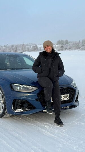 Brinda Sharma Instagram - Tag a heavy driver 🤪 

Always wanted to drift, and then @audiin gave me a car to drive on a frozen lake, I was like YES PLEASE 😉 

Yup, that’s a frozen lake 🤯 
More coming from this trip with Audi hehe 💕 

#liveandlettravel #brindsinfinland #reelsinstagram #reelsindia