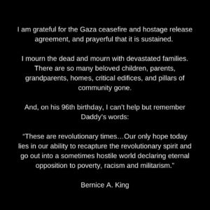 Brittany Packnett Instagram - i am struck both by the ceasefire agreement finally coming on what would have been Dr. King’s birthday—and by how prescient a reminder his words are. thank you @berniceaking for lending them to us today.

the mourning is not over. it is just beginning. the fight for lasting peace and freedom for the oppressed and occupied is not over. it is just beginning. 

and yet, may this critical milestone be a lasting one. 

i’m short on words today. all I know: may there be no more stolen souls. no more stolen souls.