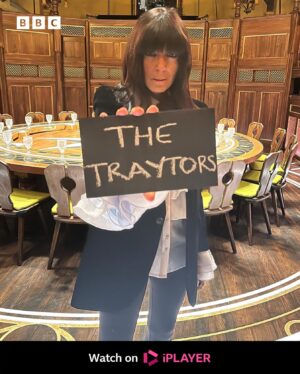 Claudia Winkleman Instagram - Who’s excited for The Traytors? 😅 #TheTraitors #ClaudiaWinkleman #RoundTable #Misspelling #Mystery #Drama #TrustNoOne #Traitors #Faithful 

Host Claudia Winkleman has her own version of the Round Table chalkboard...with obligatory misspelling.