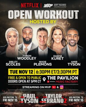 Dasha Kuret Gonzalez Instagram - We’re 1 WEEK away from FIGHT WEEK and our commentators for #PaulTyson Open Workouts are bringing you ALL THE ACTION!

🎤 Sibley Scoles
🎤 Tyron Woodley
🎤 Wade Plem
🎤 Dasha Kuret
🎤 Amir Tyson

Tune in LIVE Tuesday, November 12th on MVP’s YouTube and IG LIVE at 6:30pm CT/ 3:30pm PT!
-
#PaulTyson
Friday, November 15th
AT&T Stadium - Arlington, TX
Live on @netflix