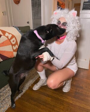 Devin Lytle Instagram - 2024 has us both on edge, so we chose costumes that reflected that energy: crusty white dog   tired Bratz meme girl. 🖤 @chantelhouston
