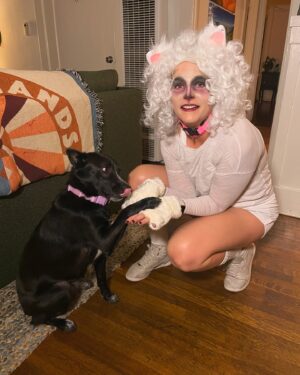Devin Lytle Instagram - 2024 has us both on edge, so we chose costumes that reflected that energy: crusty white dog   tired Bratz meme girl. 🖤 @chantelhouston