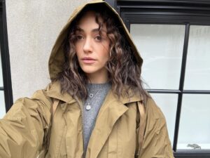 Emmy Rossum Instagram - My friend @becky_malinsky designed the perfect jacket for this rainy weather. You can grab it @alexmillny