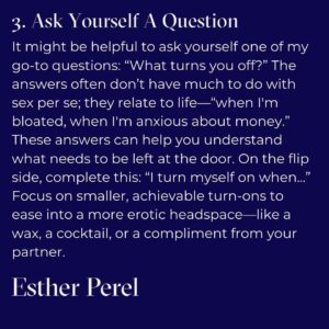 Esther Perel Instagram - But how do you create spontaneity?

The definition of spontaneity is that it’s not created; but it is. You create contexts for spontaneity, for happenstance.

I sat down with @gq to talk about how scheduled sex CAN be sexy.

Would you schedule sex?