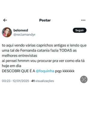 Foquinha Instagram - aleatórias do início de 2025 ✨ de 1 a 14, qual representa o seu?

1. bobeou
2. contagem regressiva pro #BBB25
3. muito acessíveis
4. fritando a rabinha
5. incontinência facial 
6. me chamem pra um cafezinho
7. um fileira de cinema muito bem frequentada kk
8. focada
9. 🆘 🆘 
10. fofoquinhas
11. mi gringuita 
12. prazer, fernanda catania 
13. sonequinha
14. roda de oração pro intestino preso 🕯️