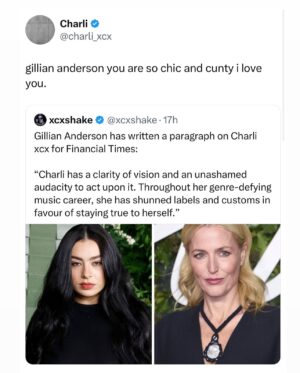 Gillian Anderson Instagram - From one OG brat girl to another 💚

Wrote about the audacious and genre defying @charli_xcx for @ft_weekend’s “25 Most Influential Women of 2024”. 

Link in my bio.

Photos
1) @markseliger for @usweekly 
2) @harleyweir 
3) @the_chris_buck for @lamag 
4) @hart_leshkina for @reeditionmag