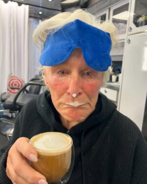 Glenn Close Instagram - First latte of the morning in the hair and makeup trailer for DINA, the character I play in Ryan Murphy's ALL'S FAIR. Bit of a stye in m'left eye, thus the blue heat pack. Foam always starts a day off right. Too bad I have to wipe it off. Hi Ho the glamorous life!