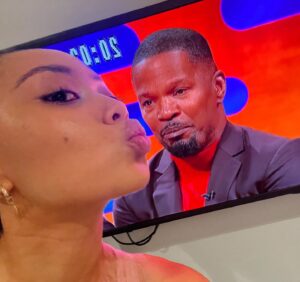 Griff Instagram - last night’s mascara on the big screen !! thank you @grahnort for having me on your show - tune in tonight to watch me almost knock red wine all over @jbayleaf 🫠 xx