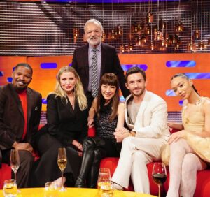 Griff Instagram - last night’s mascara on the big screen !! thank you @grahnort for having me on your show - tune in tonight to watch me almost knock red wine all over @jbayleaf 🫠 xx