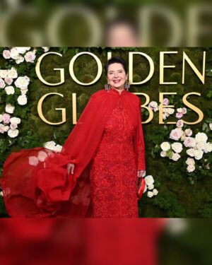 Isabella Rossellini Instagram - The team : on the left @peterbutlerhair , Azzurra the wonderful @dolcegabbana artisan who saw my dress . Lancome make up artist @itsmatin ,my publicist Jacobo Bistacchia @japoco_b who helped coordinate all interviews . Discussing what to wear for the @goldenglobes I told Domenico Dolce “ think of dressing your grandmother” because D&G often have super sexy clothes that I would be embarrassed to wear  at my age. He sent me first the drawing of the dress but in black lace . Later we decided to go red . Black is always safe but doesn’t photograph well with paparazzi photos taken in a hurry under whatever light in red carpets . We selected red to celebrate the color woren by the cardinals  in film Conclave @focusfeatures .I always love D&G elegance mixed with sense of humor and  that is what made select thier chandelier earring . There is also a photo myself 28 years ago when I was first nominated for a golden globe wearing D G with a lovely  cherries print ( again humor and elegance )