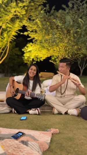 Jemimah Rodrigues Instagram - Jamming session with @bibek_rai_0 💛

Had come to take some time off with my friends from a hectic rehab week at @kosh.retreat & @amitarasa 
Can’t tell you how much fun we had and didn’t feel like coming back at all. The hospitality, food, vibe and everything was excatly what we were looking. And then to wind it all up some music which is always my go to 
Big shoutout and a thank you to @kosh.retreat & @amitarasa for hosting us! ❤️