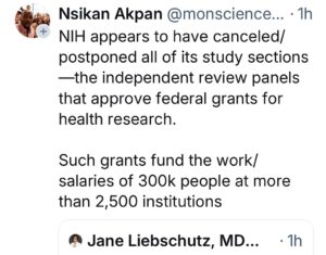 Jen Gunter Instagram - This is really awful. 

The chaos is unimaginable. 

We need quality medical research. I mean we need it because we need it, but if funding dries up labs will close. Good researchers will leave if they can. 

This is really unprecedented. Along with leaving the WHO and pausing updates from the CDC and FDA? 

Are they shutting it all down to go through with a fine tooth comb and defund anything related to reproductive health? Vaccines? Food safety? 

I just don’t have words…and of course no one knows how long this will be and then what will be left when the smoke clears.