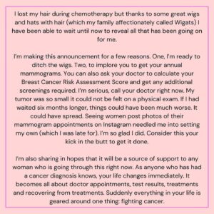 Jenna Fischer Instagram - October is breast cancer awareness month. I never thought I’d be making an announcement like this but here we are. Last December, I was diagnosed with Stage 1 Triple Positive Breast Cancer. After completing surgery, chemotherapy and radiation I am now cancer free.
 
I wanted a photo of myself in my patchy pixie looking happy and healthy to go along with this news. A big thank you to Angela Kinsey’s husband Josh Snyder for taking this photo. It’s just one example of the care they showed me during this journey.
 
(More information in the slides above.)