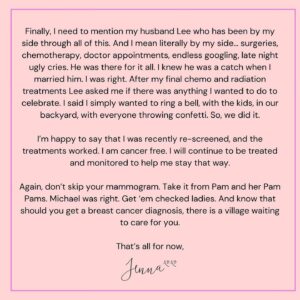 Jenna Fischer Instagram - October is breast cancer awareness month. I never thought I’d be making an announcement like this but here we are. Last December, I was diagnosed with Stage 1 Triple Positive Breast Cancer. After completing surgery, chemotherapy and radiation I am now cancer free.
 
I wanted a photo of myself in my patchy pixie looking happy and healthy to go along with this news. A big thank you to Angela Kinsey’s husband Josh Snyder for taking this photo. It’s just one example of the care they showed me during this journey.
 
(More information in the slides above.)