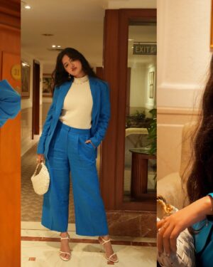 Jhanvi Bhatia Instagram - Winter Arc Workwear ready! 😌☃️🍂

Day 1 of @lakmefashionwk wearing @marksandspencerindia to see their show!💙

Got styled in the most apt ways to welcome workwear for the winters! What’s better than a pantsuit, carrying that bossy look in those padded shoulders & making a statement in the most subtle ways!?😍 
P.S. neutrals are good but kinda overdone? Let’s get back the colors especially in the dark winter-fall days 🍂

Whole outfit @marksandspencerindia 
Bag from @forevernew_india 
Heels from @zara 

#marksandspencer #bossbabe #pantsuit #blazer #statementfashion #blue #blueoutfit #workwear #workwearfashion #workwearstyle #officeoutfit #officefashion #outfitideas #outfitinspo #winterarc #personalstyling #jhanvibhatia