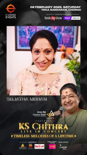 K. S. Chithra Instagram - ✨ Hello, Chennai✨

Get ready to kickstart 2025 with the magic of music 🎶.

Witness the one and only KS CHITHRA, the Nightingale of India, performing LIVE! 🌟 Let her enchanting voice take you on a soulful journey through timeless melodies that have touched generations.

An unforgettable musical evening awaits—don’t miss it! 🎤🎵

 Date: February 8, 2025
📍 Venue: YMCA Grounds, Nandanam

🌟 Don’t miss the magic! Book your tickets now for an enchanting evening with your loved ones

💥 Tickets are LIVE – grab yours before they’re gone!

👉 Head to BookMyShow & Insider.in 

#FestiveDiscount 
#KSChithraLiveInChennai #MelodyQueenLive #ChennaiLovesKSChithra #YMCAConcertVibes #MusicWithKSChithra #LegendaryKSChithra #ChithraLiveMagic #ChennaiConcertNights #KSChithraFansUnite #TimelessMelodiesInChennai #ChennaiGoesMelodious  #Feb8MusicNight #KSChithraAtYMCA #MusicThatTouchesHearts #QueenOfMelodyLive #Eloungeindia
#Chennai #Chennaiconcert #canarabankinsta

@kschithra_nightingale________
@kschithra360
@kschithrafans
@mssm.ks_chithra_amma_fan
@kschithrama_admirers