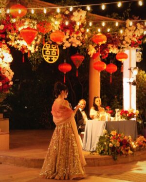 Karen Fukuhara Instagram - Celebrating Anna & Ami at their Indian x Chinese wedding 🎊💍 It was a beautiful marriage of both cultures - thank you for allowing me to learn about your traditions and witness your love!

Tremendous thanks to my childhood friend, Aisha, who is a total boss and opened up her own Indian clothing company KYNAH. She went above and beyond by getting not one, but two dresses sent for me all the way from India AND getting them tailored! Whether you’re the bride or a wedding guest, @shopkynah will make sure you’re set! The dresses were absolutely STUNNING✨ I mean…the sparkle…the train🥹 I still dream about them. Thank you so much Aisha❤️