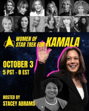 Kate Mulgrew Instagram - Join me and fellow #StarTrek ladies on October 3rd for a virtual event, Women of Star Trek for Kamala! We are supporting the Harris/Walz campaign as we look toward a brighter future - one that we need to start building today. 🗳️

Register now and mark your calendar—link in bio! 

Also, please check that you are registered to vote so you don't have issues when you cast your ballot. Visit vote.gov to check your information is correct or register for the first time. Admiral's orders 🫡

#WomenofStarTrekforKamala #Kamala2024 #harriswalz2024 #kamalaharrisforthepeople #womenofstartrek #Janeway #captainjaneway