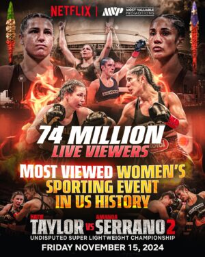 Katie Taylor Instagram - Women’s boxing and ALL OF WOMEN’S SPORTS reached new heights on Friday, November 15 with over 74 million people tuning in live around the world to watch Katie Taylor vs Amanda Serrano, with 47 million of those viewers coming from the US & Puerto Rico.  Over 108 million watched the Paul Tyson fight. 

On top of that, Katie Taylor and Amanda Serrano owned the moment on the biggest stage by putting on a performance that left viewers amazed while proving that women’s sports are bigger & better than ever and deserving of the same respect & platform as the men’s!!!

#TaylorSerrano 
#PaulTyson