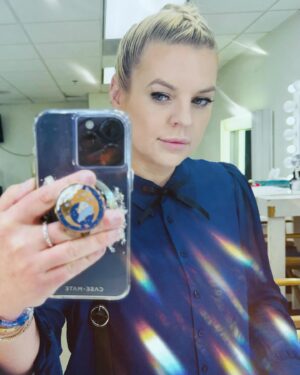 Kirsten Storms Instagram - I don’t know if it’s the ribbon bow at my collar (courtesy of our wardrobe designer extraordinaire Shawn) or the mohawk braid (thanks @abrahamjosephr 🥰), but I LOVE this look. Someone told me it was giving “naughty librarian” vibes and I was down for that. It really does take a village to preform this transformation in a short amount of time, especially so early in the morning. I’m thankful for the makeup, hair and wardrobe departments at @generalhospitalabc for all of their hard work. You guys are the best. 💛 (swipe for a pic of how I roll into work before the sun is up)