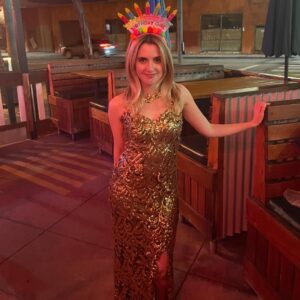 Laura Marano Instagram - MY GOLDEN BIRTHDAY!!! 29 on the 29th!!! This birthday was special to me for many reasons, and I am so grateful to everyone for their birthday wishes and lovely messages 🥹 

It was a green, pink and gold filled day, and I truly felt so incredibly loved 🥹 I saw Wicked during the day (which is a perfect movie and I want to see it 123456789 more times). I then put on the most golden dress I had and went out!! 

And yes, there was a cardboard cutout of me because when you have a cardboard cutout of a 19 year old version of yourself in a gold dress, you bring it to your golden birthday (I don’t make the rules). I also didn’t plan on having blonde hair for my golden day…and yet, it just felt so right.

Love you all very much 🥹💛✨