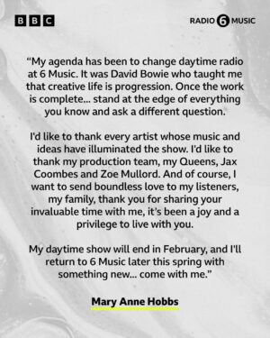 Lauren Laverne Instagram - Lauren Laverne has just shared the news that she’s stepping down from the 6 Music Breakfast Show to move to a new daytime slot. 📻
 
Thank you Lauren for six incredible years on Breakfast and big congratulations to Nick Grimshaw - our new Breakfast Show host from February! 💚
 
After spending the last six years changing the game on mid mornings, Mary Anne Hobbs is set to take a well earned sabbatical, ahead of an exciting new show launching later in the spring. Thanks for everything Mary Anne! 🖤
 
Lauren will make her return to 6 in February, taking the helm of the mid morning slot, with features like Desert Island Disco and People’s Playlist, as well as live sessions.
 
⬅️ Swipe to read more ⬅️
 
Samantha Moy, Head of BBC Radio 6 Music says: “It really is wonderful news that Lauren is feeling better and is ready to return to 6 Music. Like our listeners, we have missed her enormously and we can’t wait to have her back on air.”

“Since the summertime, Nick has hosted our Breakfast show and it’s been clear how much our listeners have taken him into their homes and hearts. He is one of the finest broadcasters of his generation and we are thrilled that he is going to become the brand new presenter of the 6 Music Breakfast show.”

“Mary Anne is the very best of us at 6 Music. As well as a DJ, she is a lover of art, the seeker of unheard sounds, fierce advocate, generous mentor and true friend. Mary Anne is a sheer force of nature, compelled to share her passion for music - in all of its forms - with the world.  At 6 Music we are richer for it and we look forward to our wild horse’s return later this year.”