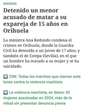 Leticia Dolera Instagram - Hoy es 25N y estas noticias son de esta semana: dos mujeres han sido asesinadas a manos de sus parejas, los jóvenes no identifican la violencia machista como tal,  aumenta la violencia sexual.

Hoy es 25N, el Día Internacional de la Eliminación de la Violencia contra las mujeres, un día para denunciar la violencia que se ejerce sobre las mujeres en todo el mundo y reclamar políticas en todos los países para su erradicación. 

Noticias como estas aparecen A DIARIO, en los periódicos, aunque ya no ocupen portadas.
Está claro que estamos viviendo un repunte de la cultura machista y en consecuencia, de la violencia machista. Resulta abrumador. Y las medidas públicas siempre parecen insuficientes, quizás también porque lo son.
Estamos ante una lucha histórica, no es fácil, el cambio es de raíz, es político, cultural, económico… pero por lo menos, NO NORMALICEMOS ESTA VIOLENCIA, no nos anestesiemos. Basta ya. #25noviembrediainternacionalcontralaviolenciamachista