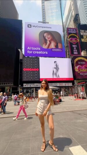 Megha Bajaj Instagram - Made it to the New York Times Square Billboard baby 🗽
I know to an outsider it may look like I’m living the dream life, like everything is just handed to me, but I promise you it’s not. 
It’s never been all fun and games, I’m always so hard on myself that I forget to stop and reflect on and acknowledge any of my achievements. My dreams are so big and I’m so driven that the journey constantly consumes and overwhelms me. 
I don’t remember the last time I slept peacefully without things to do on my mind, or when I took a beat from being upset with myself for not getting fast enough to where I want to be so as to make my family proud of me- and just soaked in the pride and blessedness of everything I have managed to accomplish so far.. 
So here’s taking a moment to be grateful that I was up on the iconic New York Times Square billboard this year. 
When I went to see it in person, I looked at it and said out loud, ‘Who would’ve thought I’d be up here one day?’ And I instantly laughed at my own statement because this voice in my head said ‘Oh please, I always knew I was meant for bigger things’.
And no, I don’t say that because I’m full of myself, but because ‘I’ know how much clarity I have about what I want to achieve for myself in my life, and how hard I’ve worked to get- and deserve -every single thing I have! 
So, to everyone out there who have impossibly big dreams and aspirations, don’t let anything or anyone stop you from believing that you can have everything you want if you work towards it. 
To The Universe and to Everyone that made a difference in my life- thank you, thank you, thank you 🤍💫

Billboard for: @mycompanions.ai 
📽️: @peterkoloff