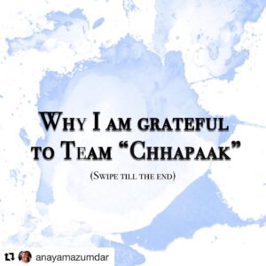 Meghna Gulzar Instagram - 🙏 #Repost @anayamazumdar ・・・
A heartfelt appreciation to everyone involved in the film. For those of you who haven’t watched it yet, there are no spoilers. Do give all the posts a read, because if nothing, it could be incentive to book your tickets now! 
If you make it till the end, thank you for your time. It takes a village to make a film, and to make something like Chhapaak also requires tons of courage. To all those from the team who have worked on it, this is a small attempt to convey my love and regards for all your hard work.

It’ll be amazing if this little effort reaches even a single person from the team, so do share and tag them if you liked what you read!
A special mention to @triaceentertainment for all the exciting behind the scenes and extra content.

Thank You.
Love,
Anaya✨
.
.
.
.
.
.
#Chhapaak #Isupportchhapaak #deepikapadukone #meghnagulzar #gulzar #vikrantmassey #laxmiagarwal #stopacidviolence #teamchhapaak #filmmaking #filmmakers #bollywood #hindicinema #chhapaakpromotions #bookmyshow #ticketsoutnow #mainstream #arthouse #filmbuffs #abladnahai 
@_kaproductions @mrigafilms @foxstarhindi @deepikapadukone @meghnagulzar @vikrantmassey87