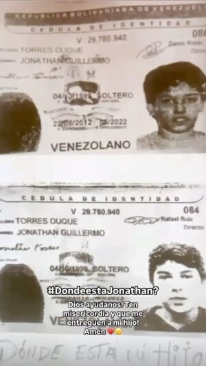 Milena Torres Instagram - Hoy, ya son 2 meses sin saber dónde está mi hijo Jonathan Guillermo Torres Duque. C.I: V- 29.780.940. 
Como les expliqué en los videos anteriores, mi hijo se regresó ese día después de vivir afuera durante 10 años, Jonathan estaba feliz por volver a su país y reencontrarse con su familia y seres queridos después de estar sumamente deprimido y sentirse muy solo…pensamos que la mejor opción era regresar a su país Venezuela, sin imaginar que justo cuando llegaba lo detuvieron en la Alcabala de Peracal por la Guardia Nacional, (se regresó por allí porque tenía el pasaporte Venezolano vencido y el no cuenta con ningún otra Nacionalidad ni residencia en otro país) Una amiga que viajaba ese mismo día fue la que me informo sobre la detención de mi hijo, yo me sali corriendo hacia la Alcabala a ver qué sucedía con él y solo pude ver cómo se lo llevaban y lo único que me dijeron era que iria a una Investigación, luego preguntando y preguntando me decían que las investigaciones duran 45 días y ya van 62 dias y desde el 27 de Octubre cuando se lo llevaron, NO he recibido ni una sola llamada sobre su paradero. No puedo entender cómo después de tanto tiempo no me dicen nada ni me dan una señal de vida de mi hijo. LES SUPLICO una vez más a las autoridades competentes que me ayuden a saber de mi hijo y me digan dónde está. Lo he buscado por todas partes y no está. El solo quería regresar a su país pensando que sería feliz y ahora no entendemos nada. Tengan Misericordia!!! Esto para una madre es morir en vida. Díganme por Amor a Dios: Donde esta mi hijo?? #dondeestajonathan  Nota: Gracias a todas las personas que me han escrito para apoyarme y ayudarme a saber de mi hijo. Confío en Dios de que pronto me llamará y estará de regreso en su casa. Síganmos ayudando a salir de esta terrible situación por favor 🙏 Gracias por tanto apoyo, ayúdenme a seguir difundiendo la información para encontrarlo! En el nombre Poderoso de nuestro Señor Jesucristo! Amèn🙏🏼🙏🏼🙌🏻