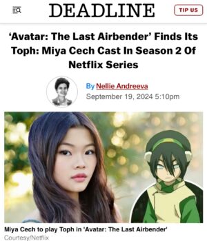Miya Cech Instagram - this is the hardest secret i’ve ever had to keep. 🤜💨🪨 
i’ve spent the past 5 years hoping for just the opportunity to audition for the role of toph (and twice as long being a fan of the original ATLA series). i’m still pinching myself! thank you to @netflix and my amazing cast mates who have welcomed me into this family with open arms. i can’t believe that i’m actually saying these words- i. am. melon. lord.