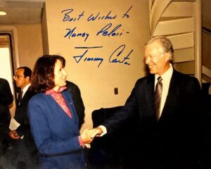 Nancy Pelosi Instagram - Today, our nation and our world has lost a leader who embodied dignity and decency, grace and goodness.  Paul and I join in mourning the loss of President Jimmy Carter and in giving thanks for his life, which was saintly in its devotion to public service and peace. 
 
At the heart of President Carter’s public service was his fervent commitment to honoring the spark of divinity within every person.  He always defended that spark: whether teaching Sunday school in his beloved Maranatha Baptist Church, brokering the landmark Camp David Accords to pave the way to peace or building homes with Habitat for Humanity.  As President, his work to restore integrity to the political arena during a difficult chapter in our history was a testament to his firm faith in the sanctity of the public good, which he always placed above his own.  After leaving the White House, he carried on his service — leading perhaps the most impactful post-presidency in history. 
 
President Carter’s love for his wife, First Lady Rosalynn Carter, is immortal.  Their beautiful bond and partnership in service were a wonder to behold.  May it be a comfort to their children, Jack, Chip, Jeff and Amy, and the entire Carter family that so many mourn their loss and are praying for them at this sad time.