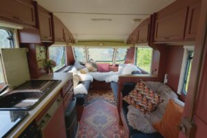 Sarah Beeny Instagram - #beforeandafter -  Ok, I know it’s not a tent but I’m starting to see the joy of camping, if you have a comfy bed and lovely bathroom! Loved this project xxx .
 .
#caravan #renovation #sarahbeenynewlife @forthefloorandmore @lite_stone