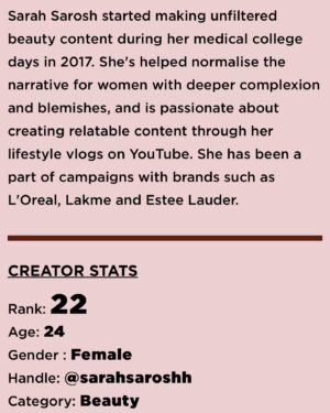 Sarah Sarosh Instagram - My “JEEVAN SAFAL” moment🥹🧿 
Everyone who knows me, knows how much this means to me and words would fall short to express how surreal yet deserving this recognition in @forbesindia means to me✨♾️🧿
7 years of content creation, 1.2Million Subscribers   178K Followers, such a long way down, such a long way to go✨
•
#ForbesTop100 #30under30next 💃🏼