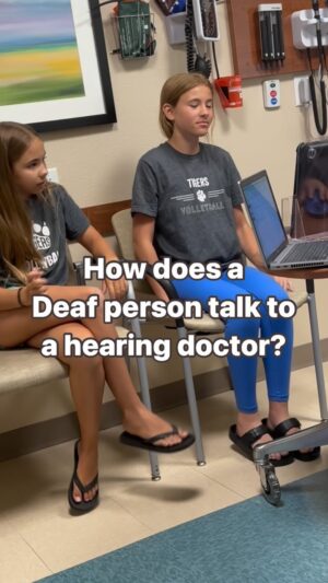 Shaylee Mansfield Instagram - When I go to an appointment or a meeting like this one, video relay interpreter (VRI) is not always the best solution for Deaf people for several reasons: 1) It does not see everything (like my sister is off the screen). 2) When wifi disconnects, VRI disconnects or freezes. 3) The set up is awkward. You can see that the iPad is in some standing plastic bin. My preference is to have a live interpreter, in the same room as us.