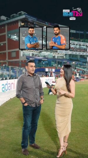 Shefali Bagga Instagram - This or That ft Viru🏏
@delhipremierleaguet20 @virendersehwag @officialjiocinema @sports18.official 
Shefali’s wadrobe @luluandskyofficial 
#viru #virendarsehwag #thisorthat #game #challenge #cricket #delhi #dhoni  #viratkohli #rohit