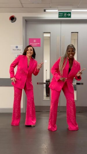Shirley Ballas Instagram - Twinning with my girl @motsimabuse this afternoon 🩷 … we are sharing a dressing room for the first time @strictlycomedancinglive and today thought we’d share suits. Pink pink pink. 

We are having a blast so far on tour. The show is phenomenal and it’s just electric in the arena. Thank you to all who have come out to see us so far. X