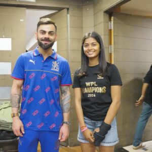 Shreyanka Patil Instagram - Started watching cricket cos of him. Grew up dreaming to be like him. And last night, had the moment of my life. Virat said,
“Hi Shreyanka, well bowled.” 
He actually knows my name 😬😬😬
#StillAFanGirl #rolemodel #rcb #viratkohli