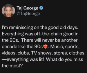Tamara 'Taj' Johnson-George Instagram - What do you miss the most from your decade?  I miss everything from the 90s😫. I need to find me a DeLorean!