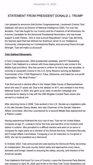 Tulsi Gabbard Instagram - Thank you, @realDonaldTrump, for the opportunity to serve as a member of your cabinet to defend the safety, security and freedom of the American people.  I look forward to getting to work.