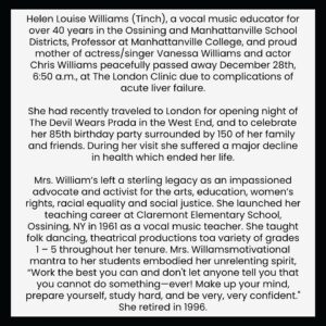 Vanessa Williams Instagram - On December 28th, the world lost a powerhouse, dynamo and force of nature packed into a 5ft frame.

Our mom, Helen Williams, aka Gaga to many, took her final bow in London 20 days after celebrating her 85th birthday surrounded by family and friends. 

It’s impossible to describe all she meant to everyone because each person saw a different facet of her.  Loyal friend to many,  icy stares to a chosen few. 

We will miss it all. 

We want to offer some reflections on her remarkable life: