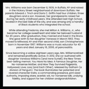 Vanessa Williams Instagram - On December 28th, the world lost a powerhouse, dynamo and force of nature packed into a 5ft frame.

Our mom, Helen Williams, aka Gaga to many, took her final bow in London 20 days after celebrating her 85th birthday surrounded by family and friends. 

It’s impossible to describe all she meant to everyone because each person saw a different facet of her.  Loyal friend to many,  icy stares to a chosen few. 

We will miss it all. 

We want to offer some reflections on her remarkable life: