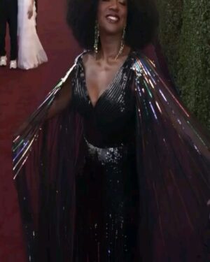 Viola Davis Instagram - A revelatory evening. I see my "legacy" more clearly than ever. I'm...inspired. Thank you Golden Globes for this honor. It has sparked a flame ❤️❤️🙏🏿

My Golden Globes Look 🖤💜💛🩷💚🖤
Dress by @Gucci @sabatods
Earrings by @swarovski
Styled by @elizabethstewart1 
Hair by @jamikawilson
Nails by @julieknailsnyc
MUA by @sergiowastaken